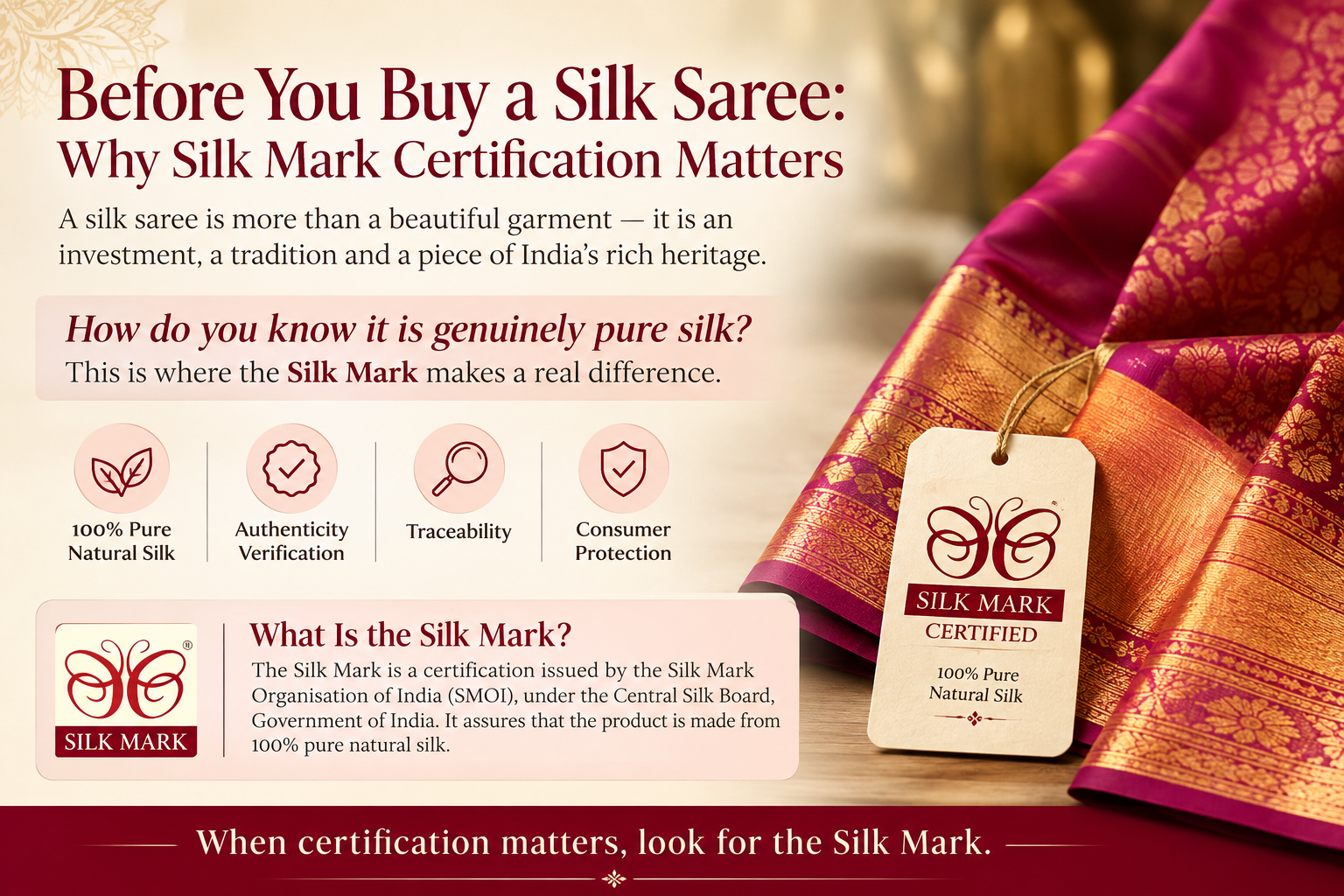 Silk Mark, Silk Mark certification, pure silk saree, authentic silk saree, Kanjivaram silk, Banarasi silk, Pochampally Ikat, buying silk sarees online, Indian silk sarees.