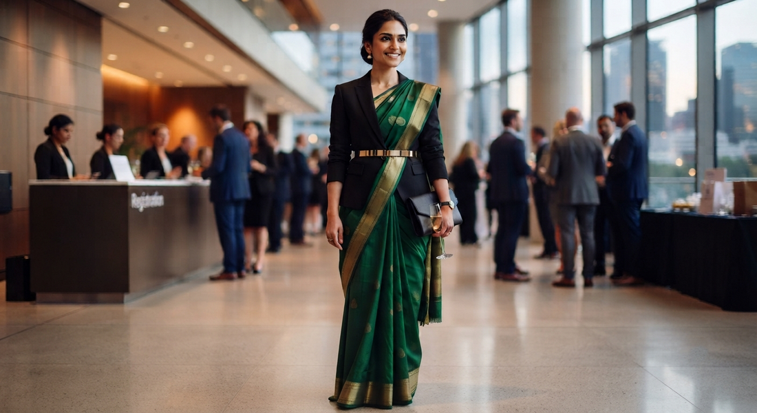 Close-up shot of a Kanchipuram silk saree styled with a contemporary belt and minimalist jewelry for a chic, modern look.