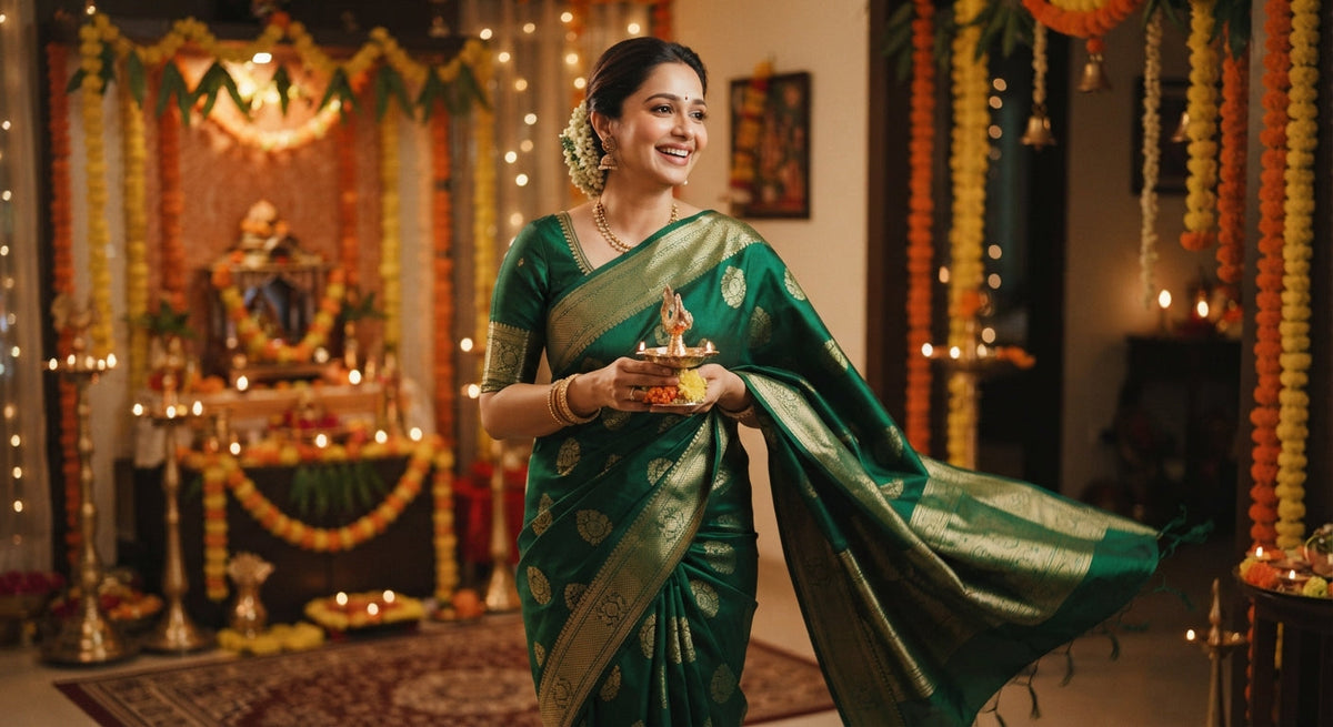 Model wearing a luxurious green handloom silk saree adorned with intricate traditional weave details for Navratri celebrations