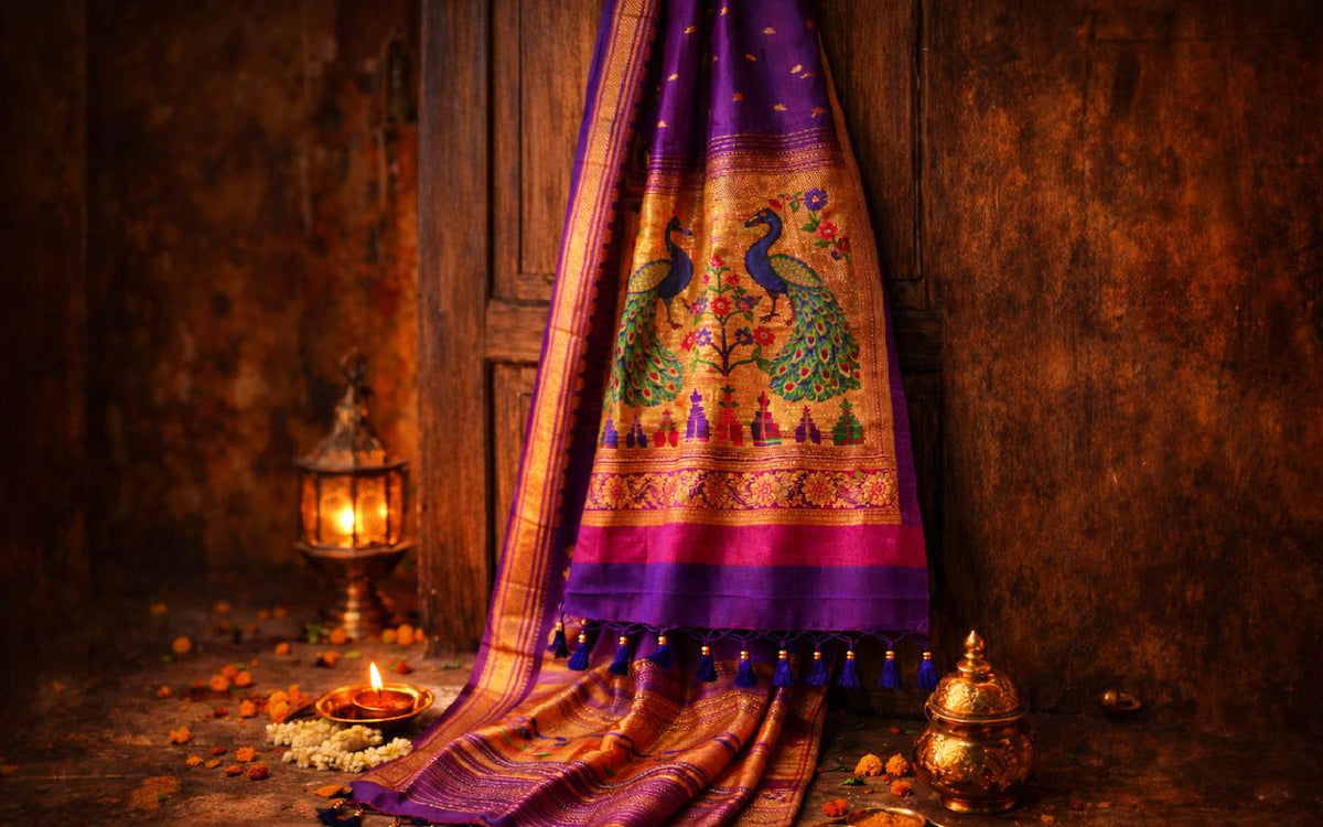 Traditional Paithani silk saree featuring intricate zari work and vibrant colours by Silk Tatva