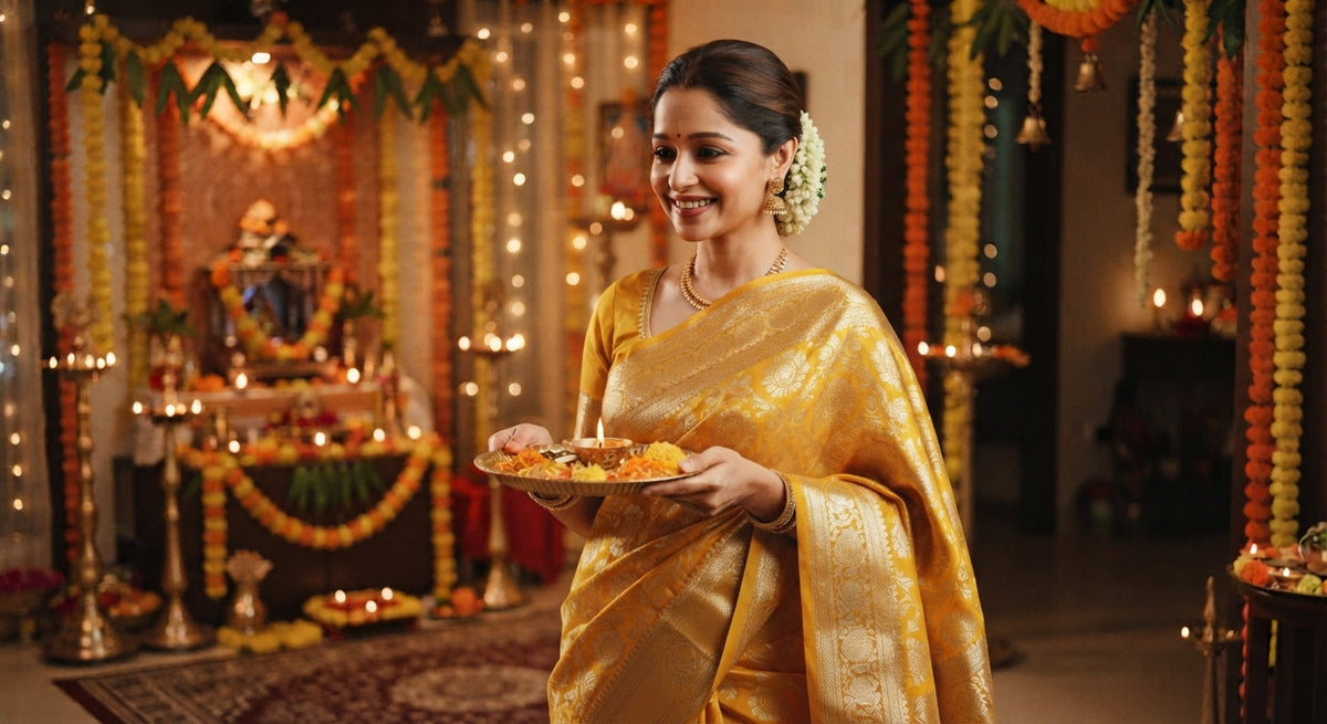 Model wearing a radiant yellow handloom silk saree with intricate zari borders and meenakari detailing for Navratri celebrations