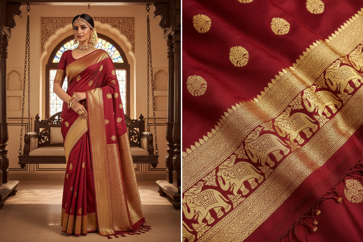 Authentic Kanchipuram silk saree with real zari border and temple motifs — Silk Tatva