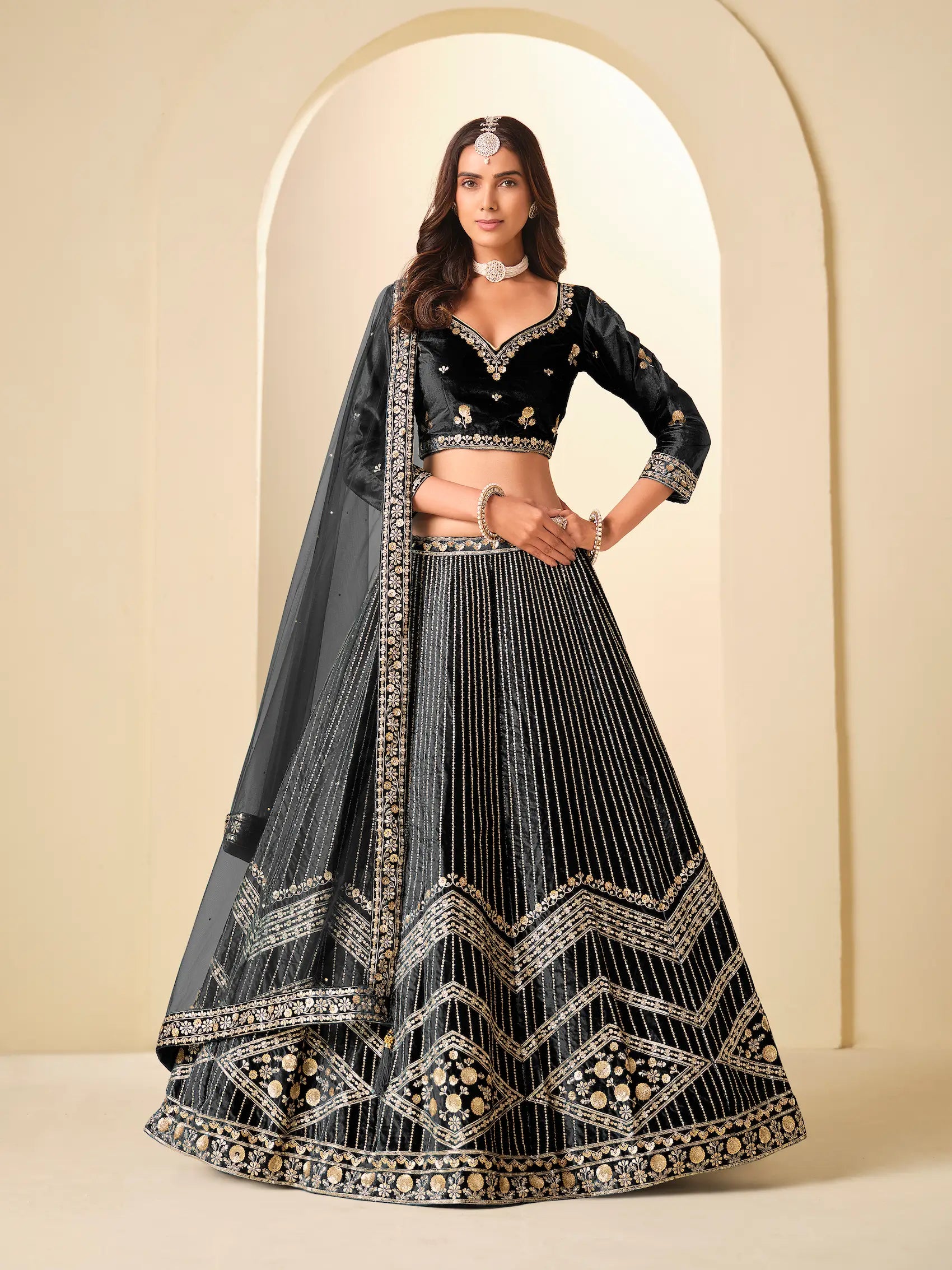 Black Sequins Embroidery Work Velvet Lehenga Choli