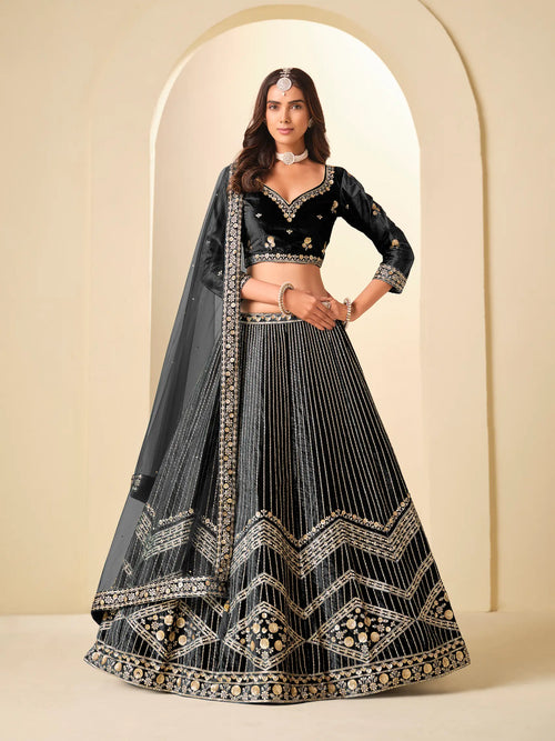 Black Sequins Embroidery Work Velvet Lehenga Choli