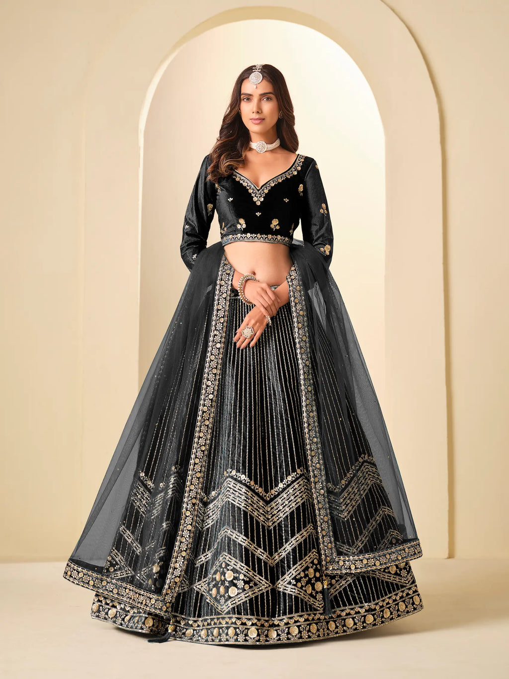 Black Sequins Embroidery Work Velvet Lehenga Choli