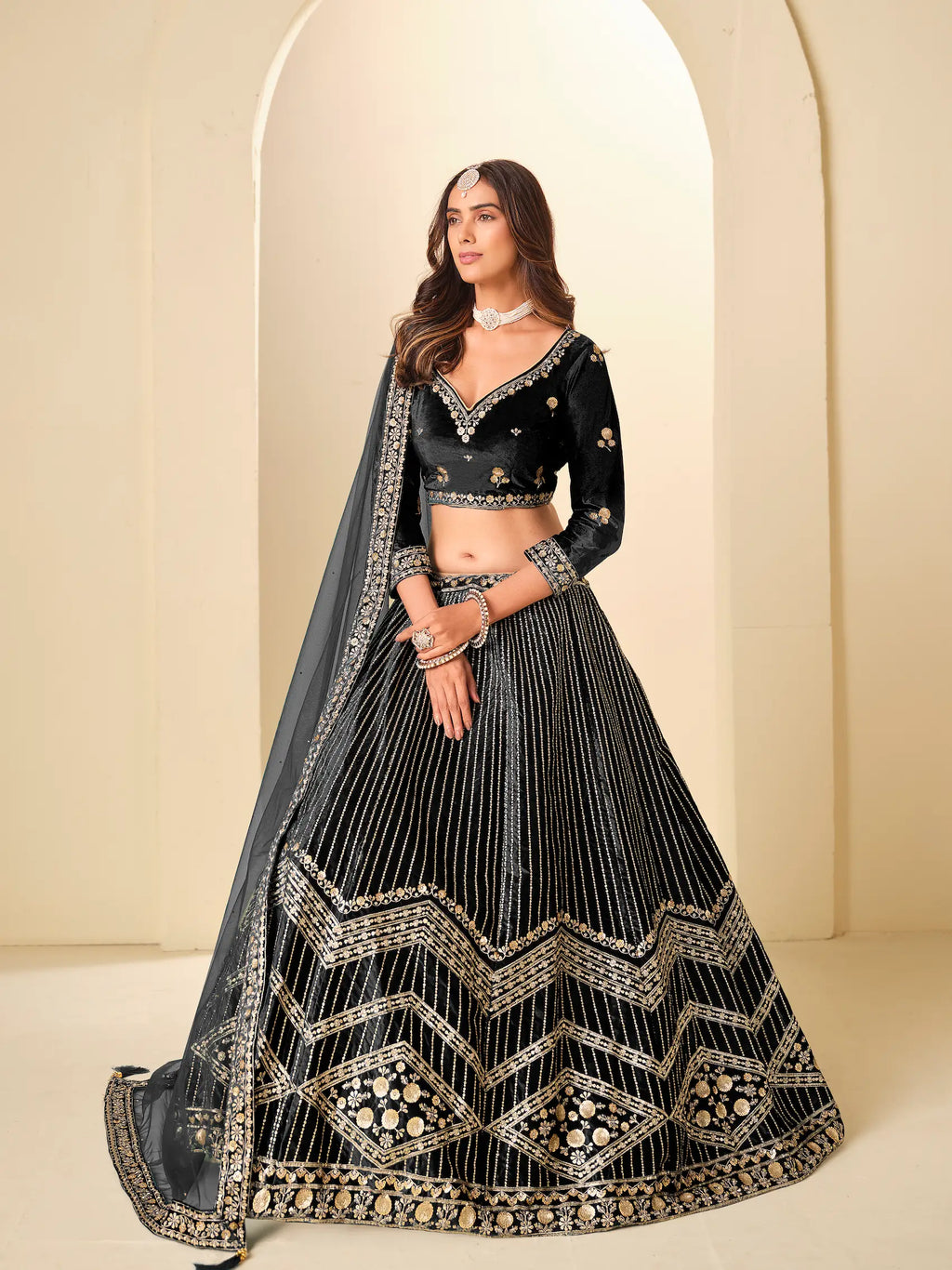 Black Sequins Embroidery Work Velvet Lehenga Choli