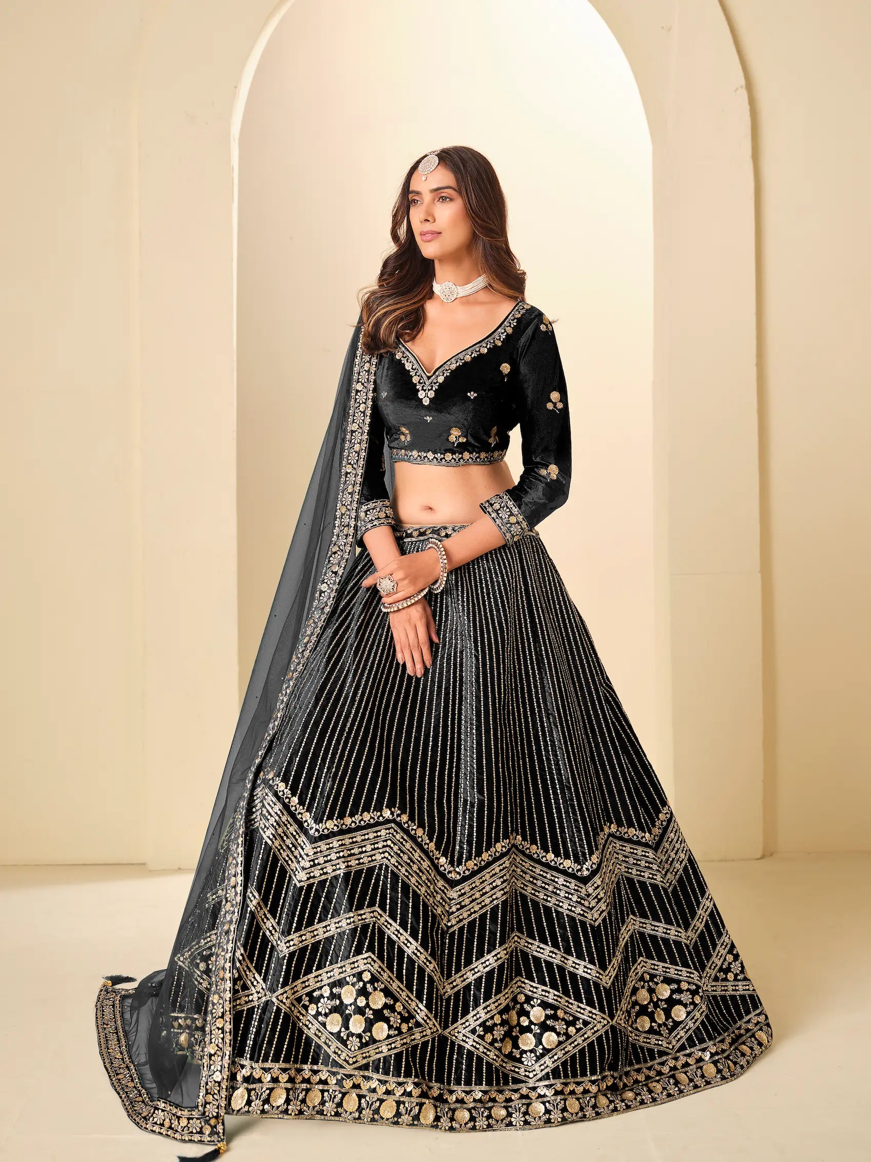 Black Sequins Embroidery Work Velvet Lehenga Choli