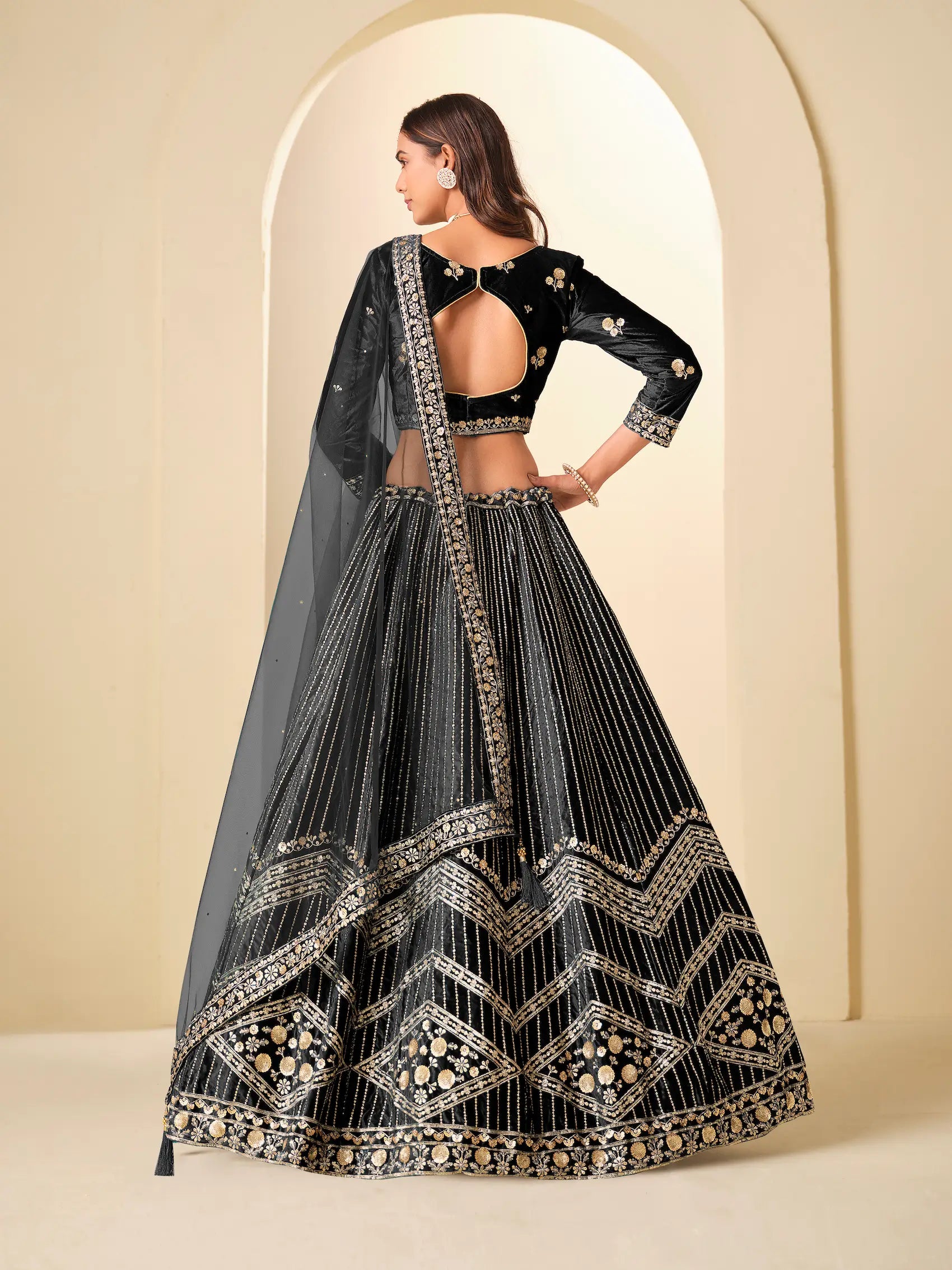 Black Sequins Embroidery Work Velvet Lehenga Choli