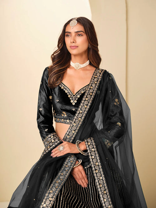 Black Sequins Embroidery Work Velvet Lehenga Choli