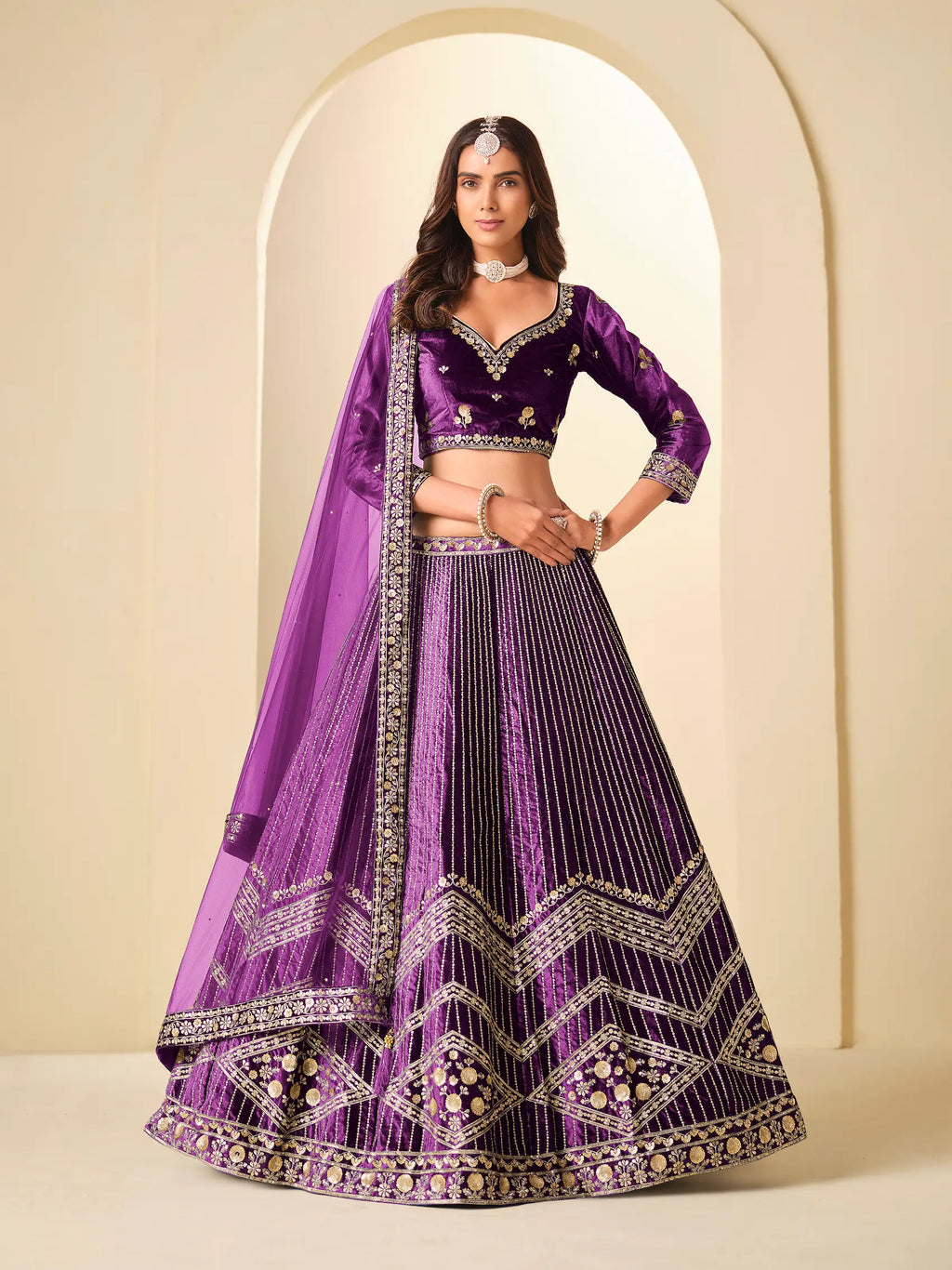Grape Purple Embroidery Work Velvet Lehenga Choli