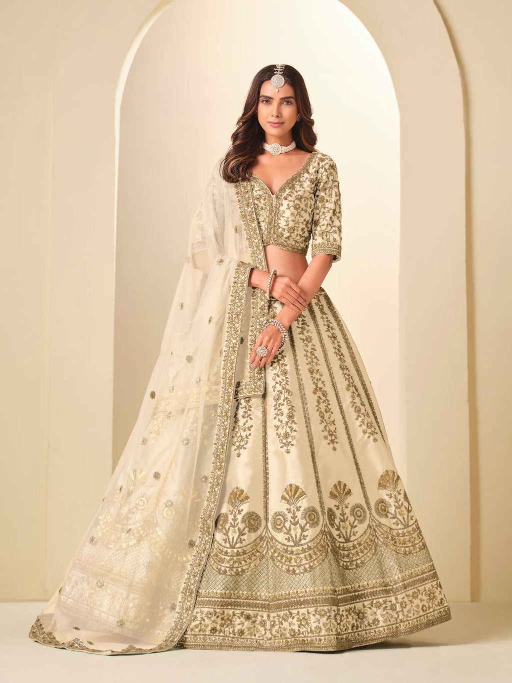 Soft Beige Sequins Embroidery Art Silk Lehenga Choli