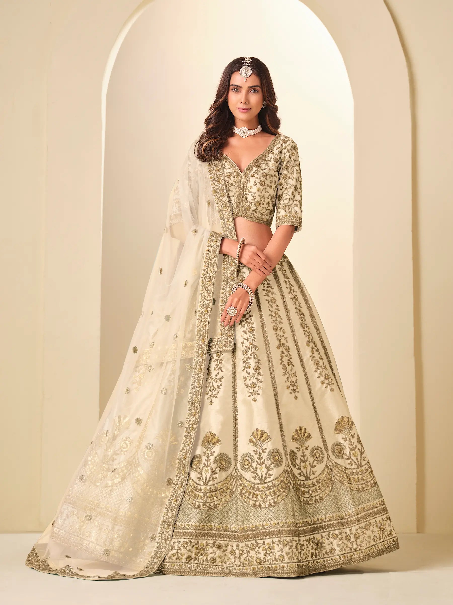 Soft Beige Sequins Embroidery Art Silk Lehenga Choli