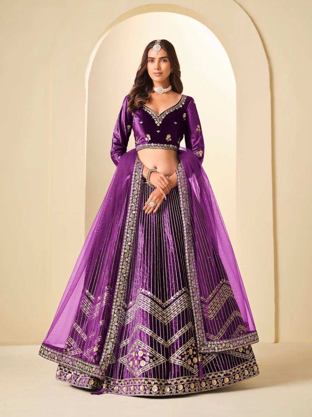 Grape Purple Embroidery Work Velvet Lehenga Choli