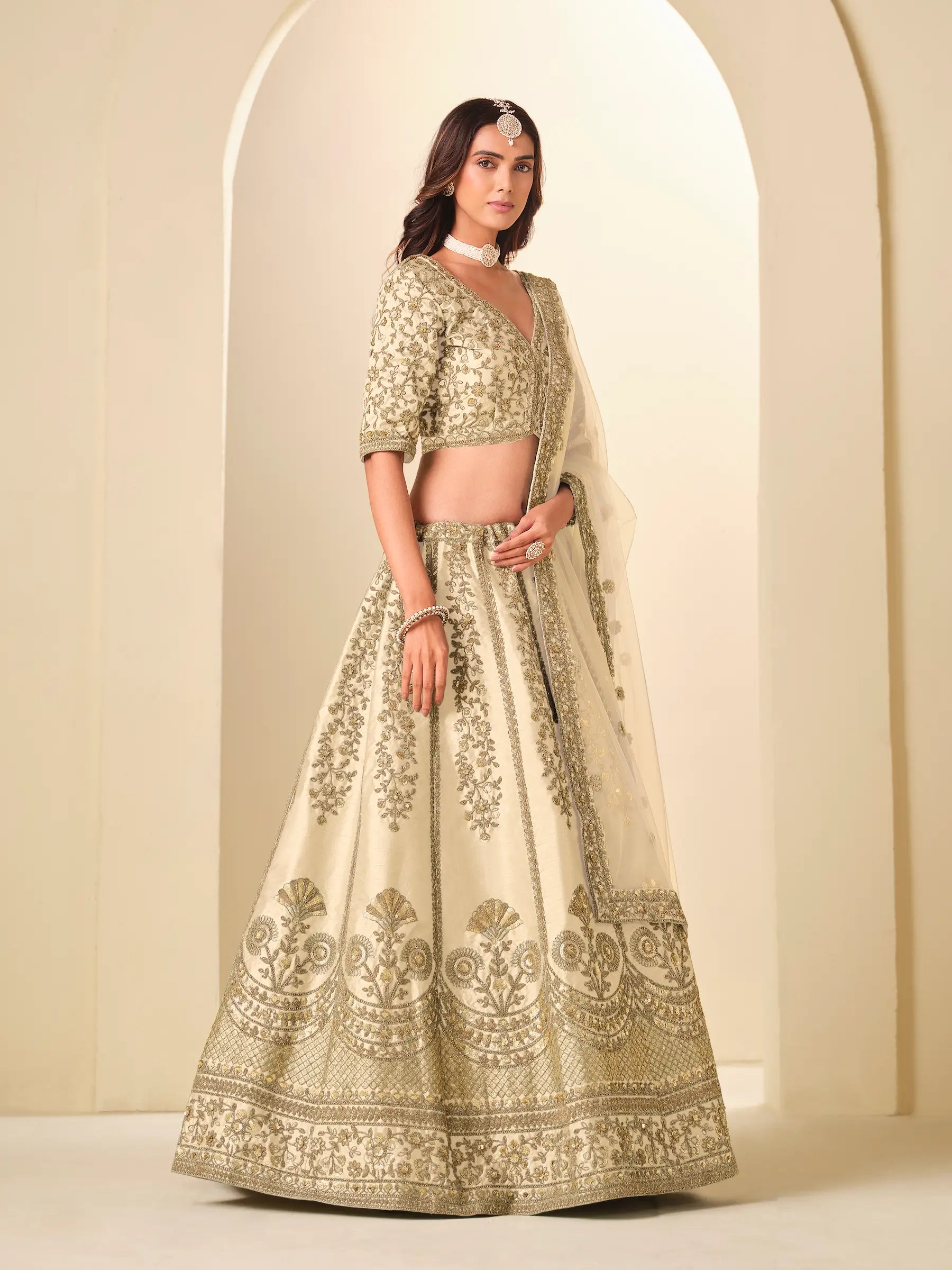 Soft Beige Sequins Embroidery Art Silk Lehenga Choli