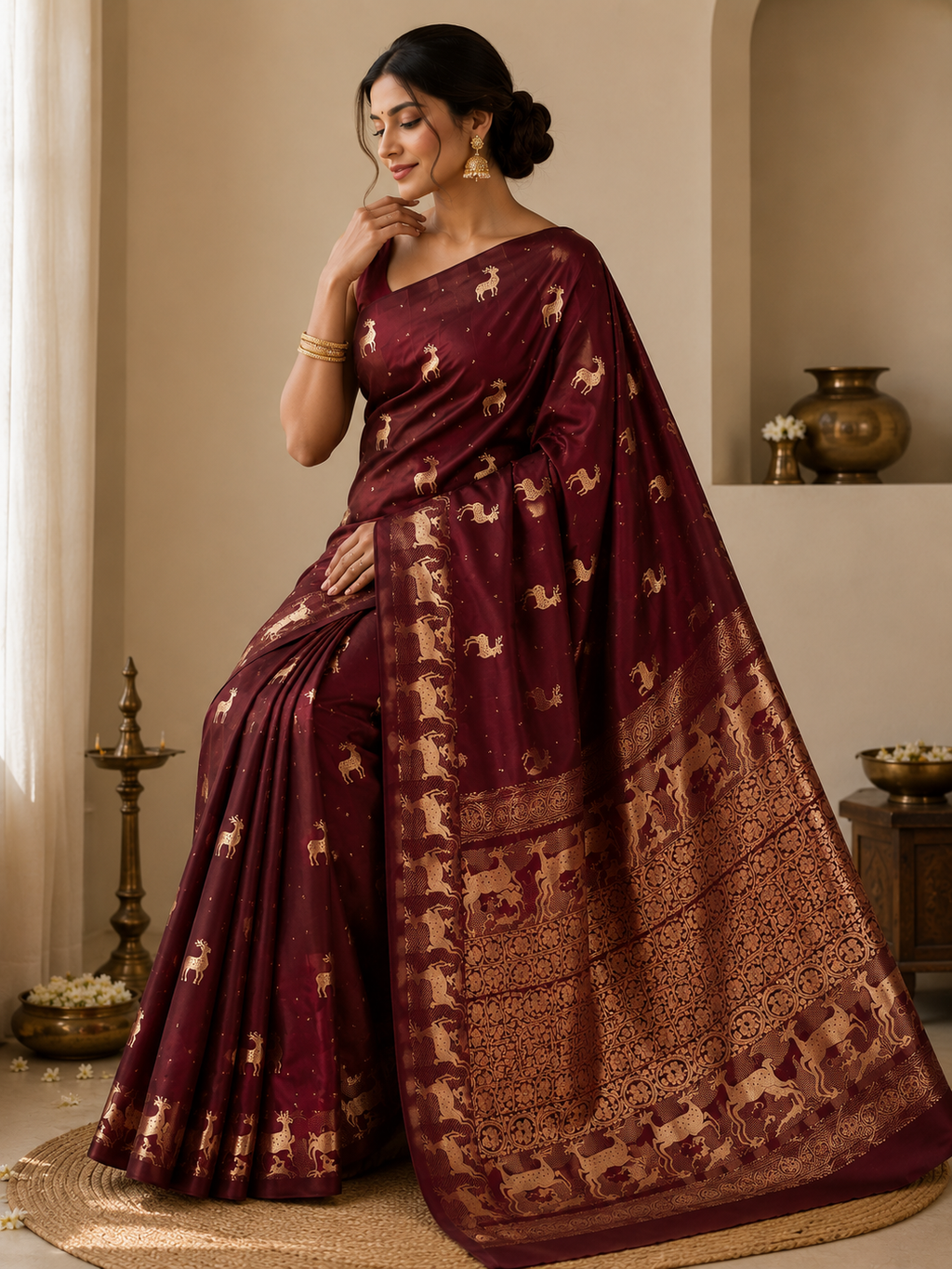 Plum Banarasi Handloom Mashru Silk Saree featuring authentic Kaduwa weaving, intricate gold zari deer and animal motifs, a rich traditional Banarasi pallu, Silk Mark Certified pure silk, dyeable to your choice of colors, and a matching running blouse piece, perfect for weddings and festive occasions.