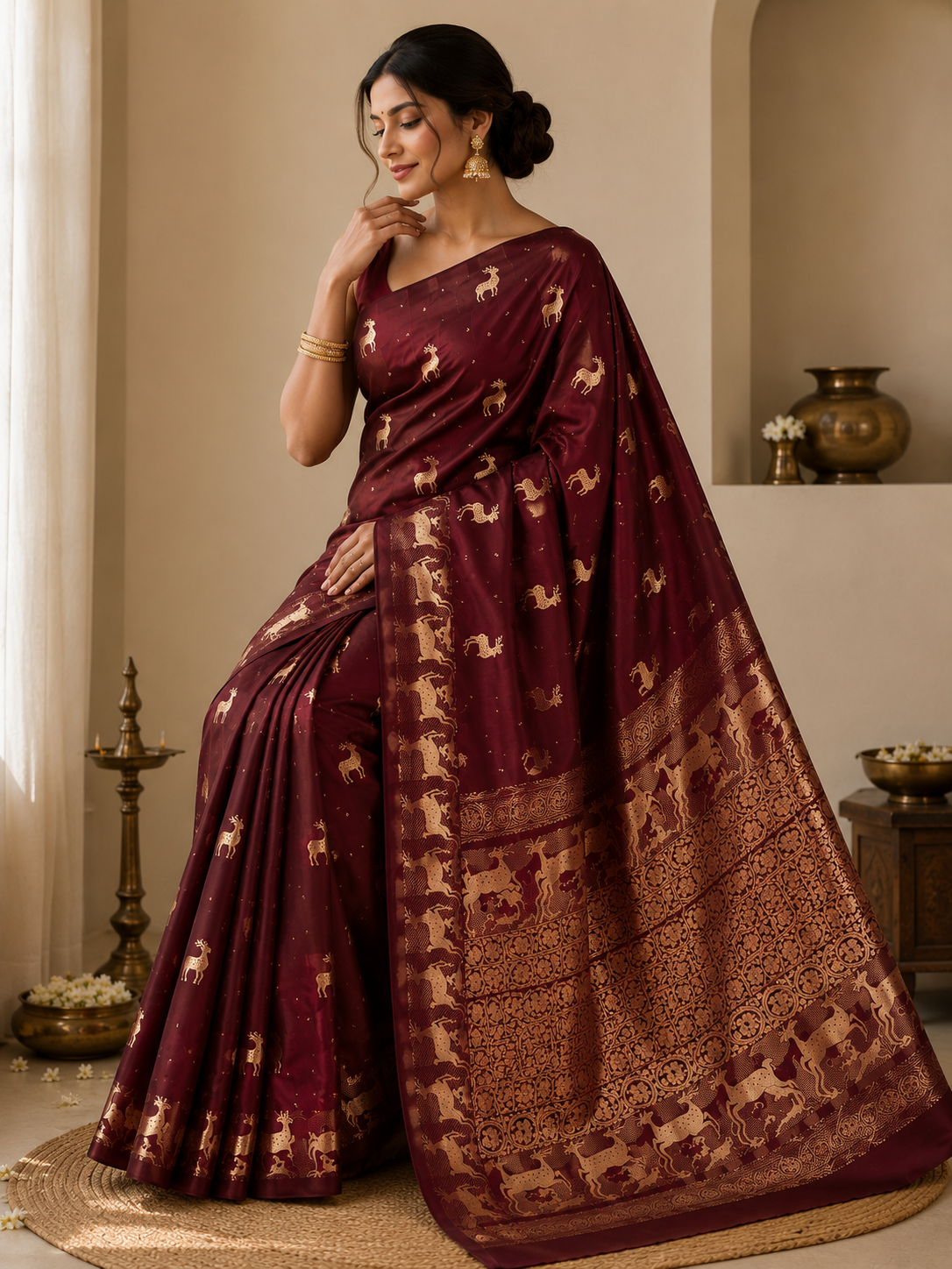 Plum Banarasi Handloom Mashru Silk Saree featuring authentic Kaduwa weaving, intricate gold zari deer and animal motifs, a rich traditional Banarasi pallu, Silk Mark Certified pure silk, dyeable to your choice of colors, and a matching running blouse piece, perfect for weddings and festive occasions.