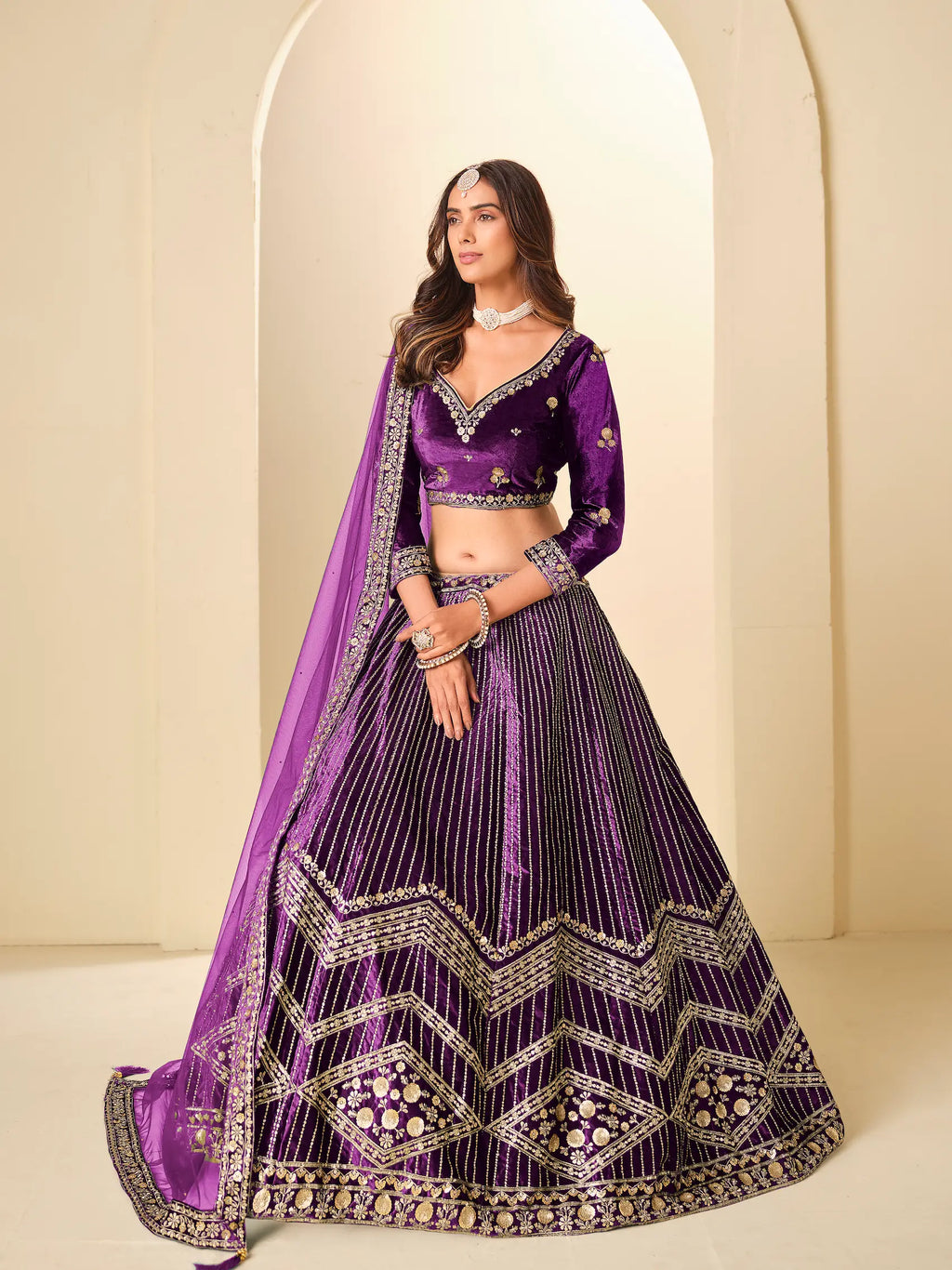 Grape Purple Embroidery Work Velvet Lehenga Choli