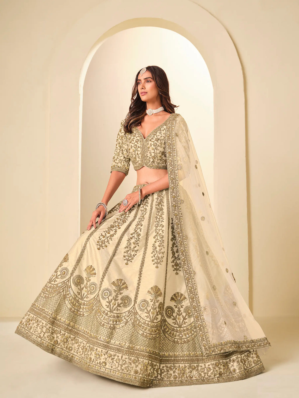 Soft Beige Sequins Embroidery Art Silk Lehenga Choli