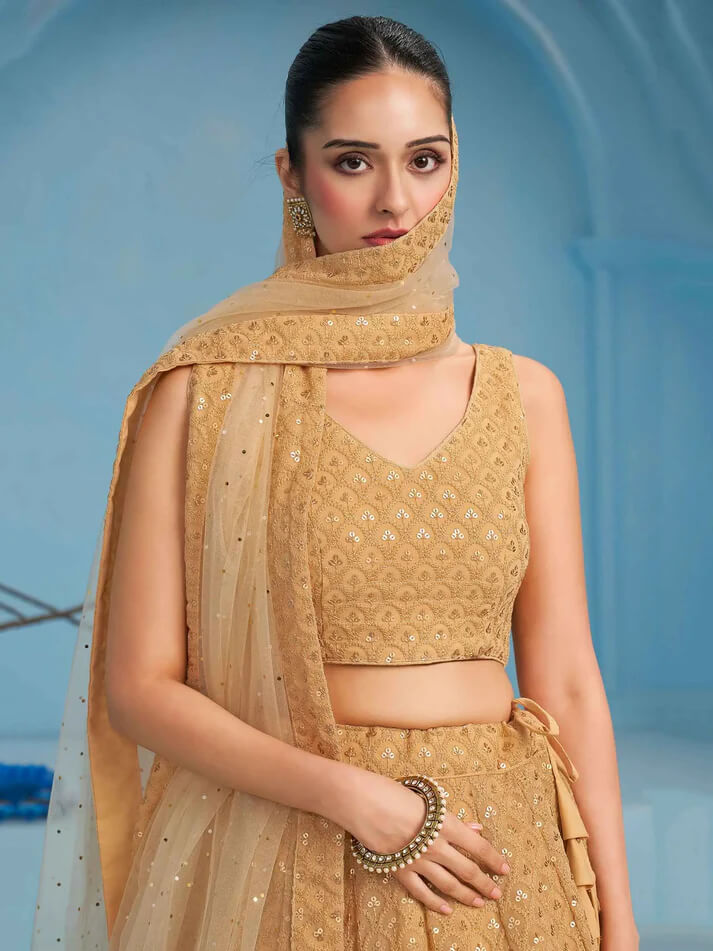 Beige Party Wear Lehenga with Sequins & Embroidery