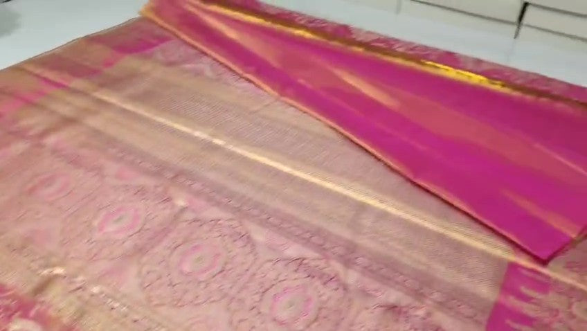 Hot Pink Kanchipuram Håndvævet Brokade Brudesilikesari