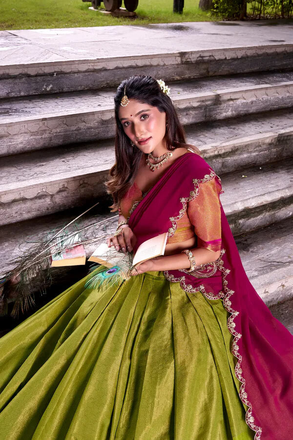 Olive Green Ethnic Lehenga Choli with Kanchipuram Zari Work