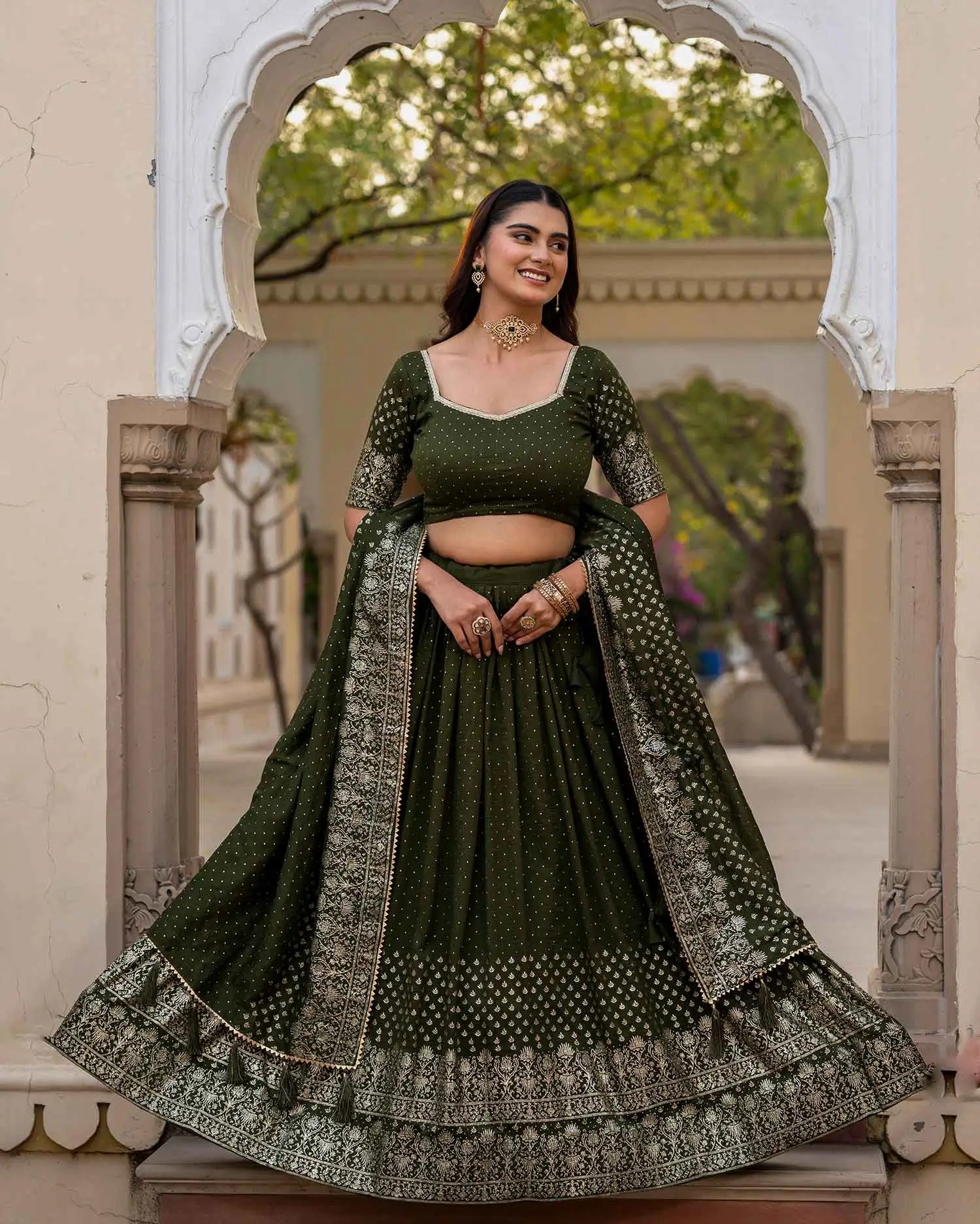 Designer Mehndi Silk Lehenga With Swarovski