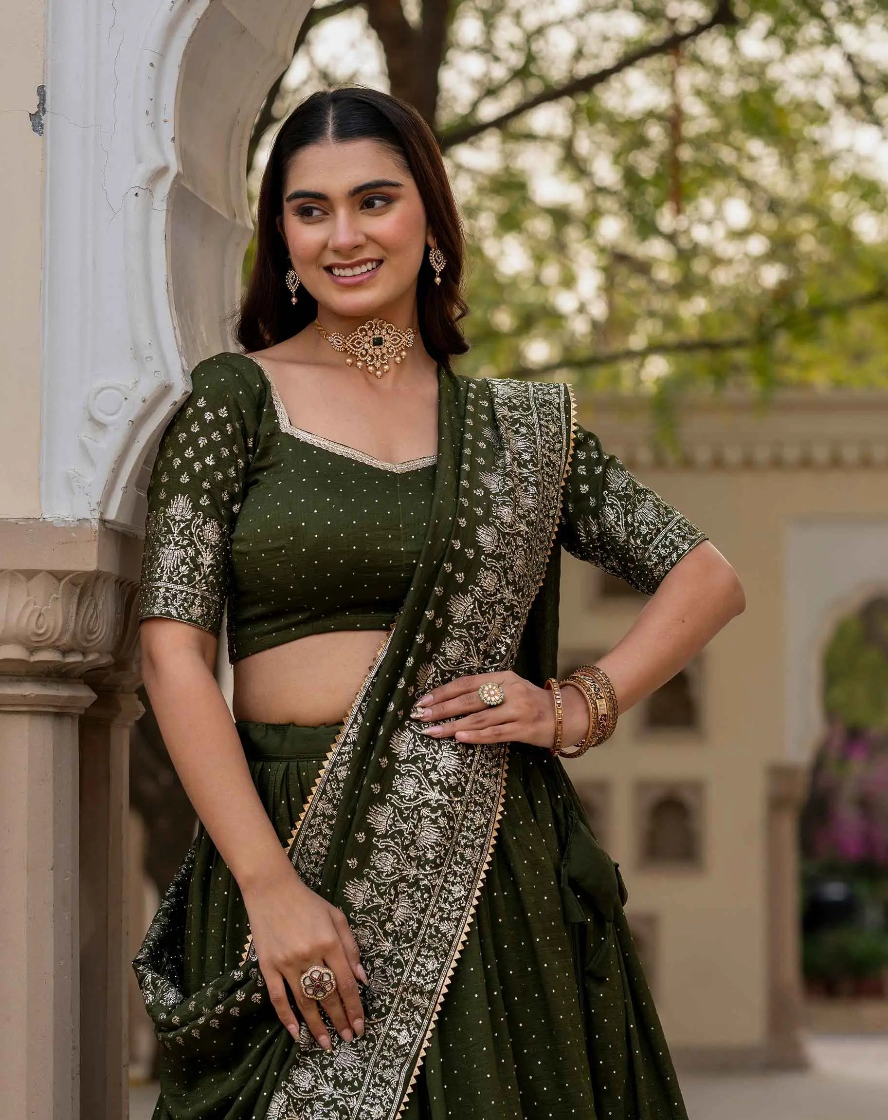 Designer Mehndi Silk Lehenga With Swarovski