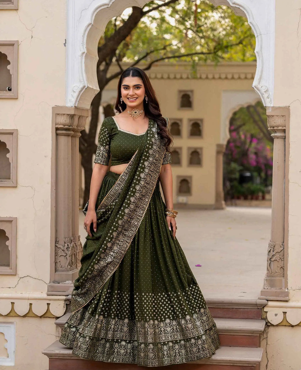 Designer Mehndi Silk Lehenga With Swarovski
