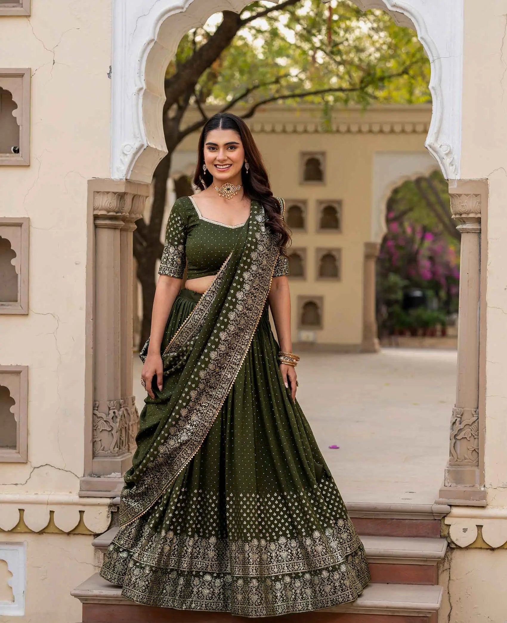 Designer Mehndi Silk Lehenga With Swarovski