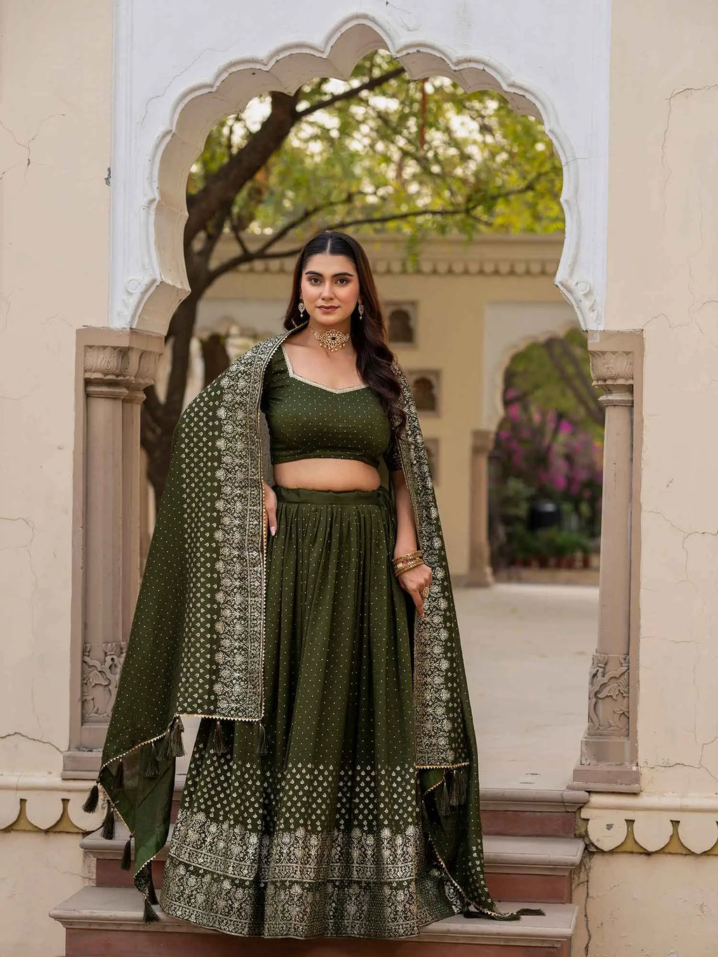 Designer Mehndi Silk Lehenga With Swarovski