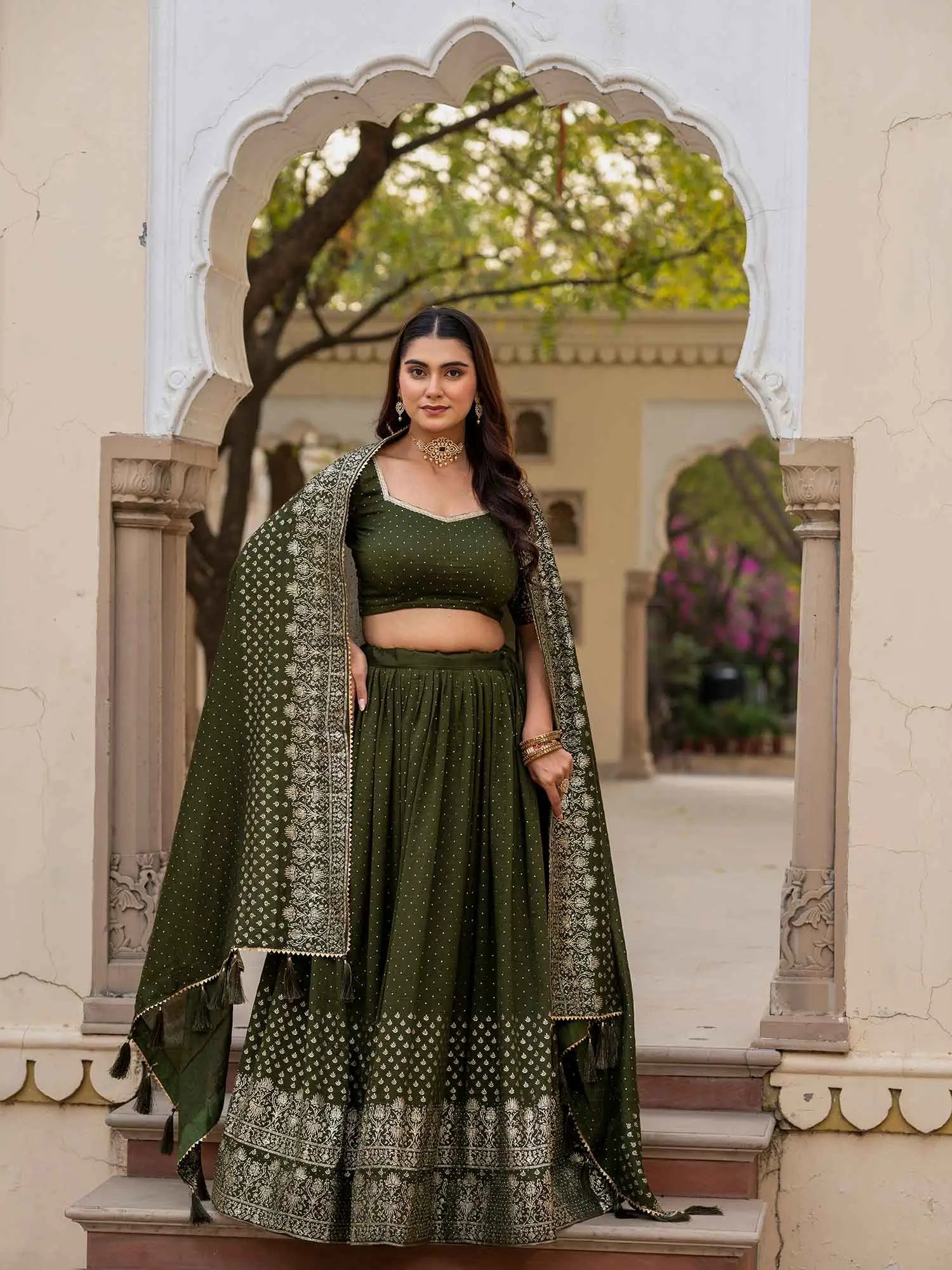 Designer Mehndi Silk Lehenga With Swarovski