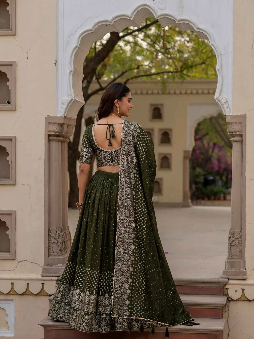 Designer Mehndi Silk Lehenga With Swarovski