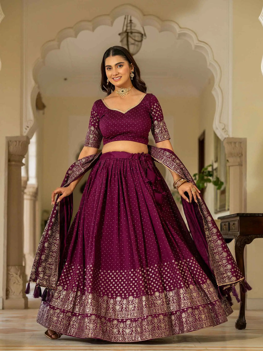 Designer Wine Lehenga With Swarovski Sparkle