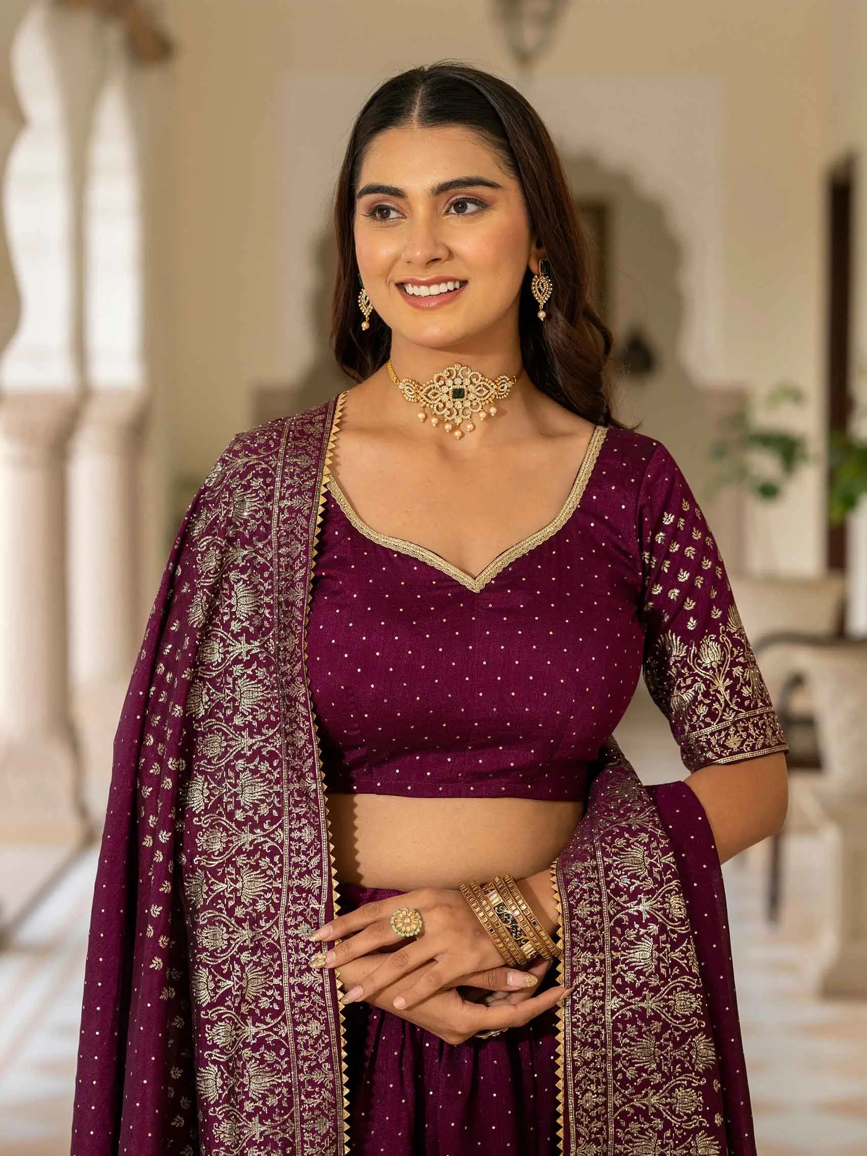 Designer Wine Lehenga With Swarovski Sparkle