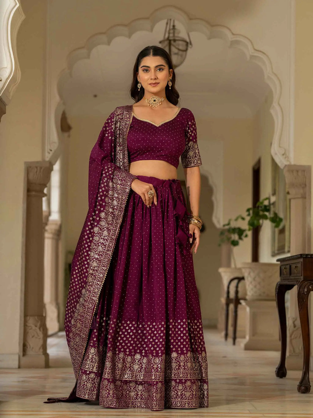 Designer Wine Lehenga With Swarovski Sparkle