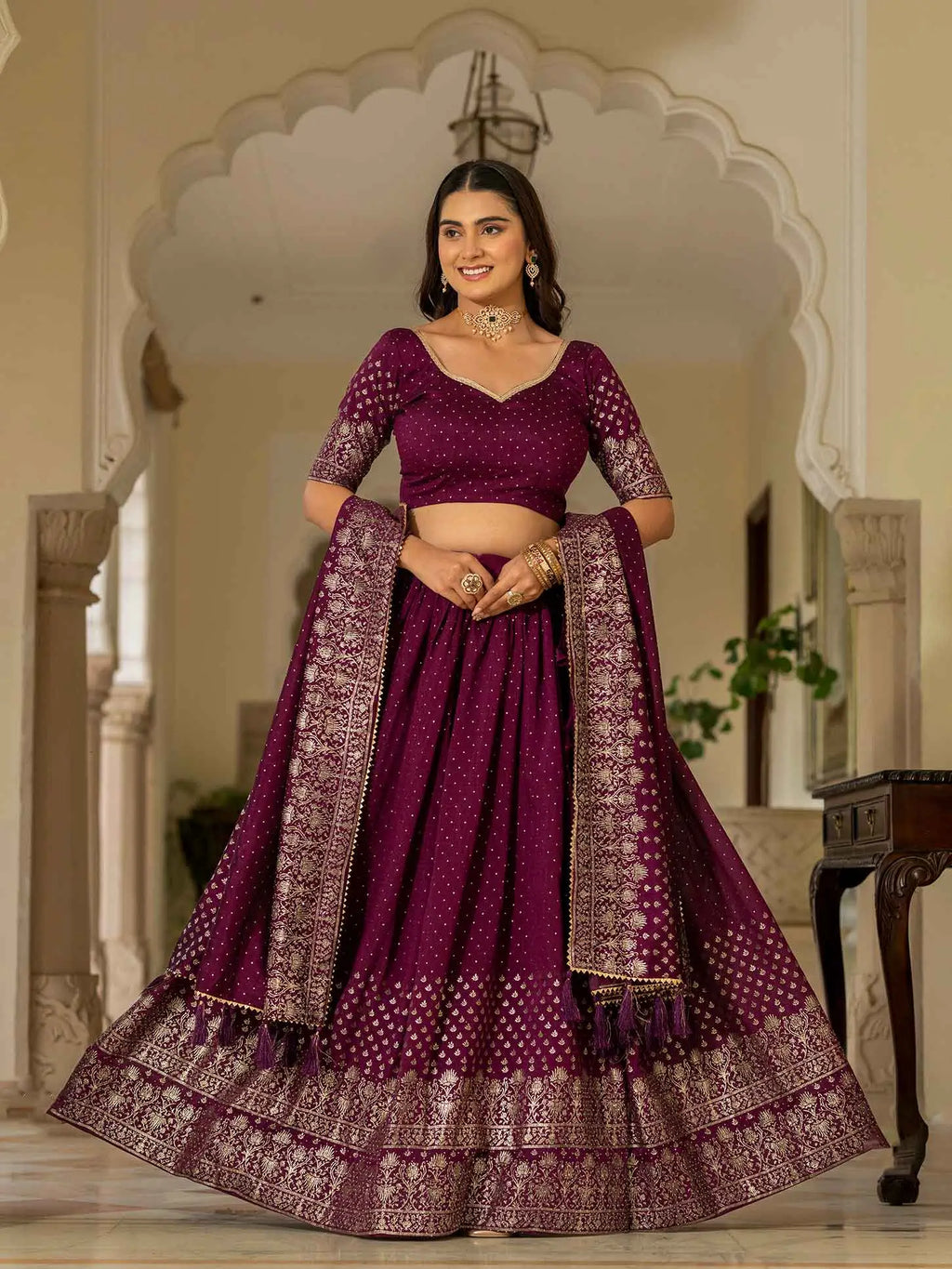 Designer Wine Lehenga With Swarovski Sparkle