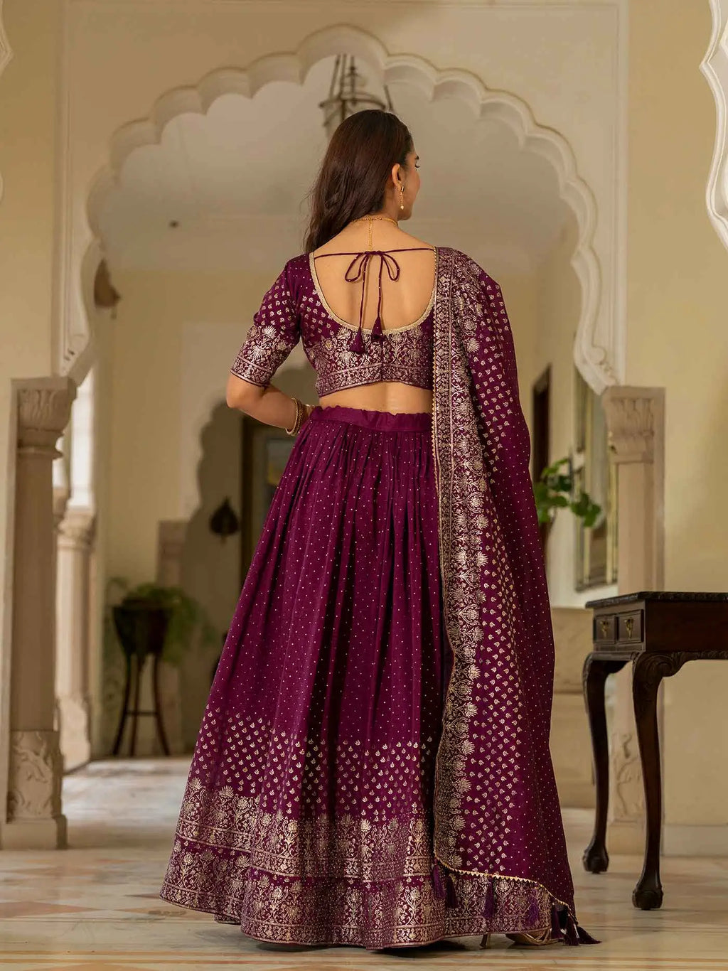 Designer Wine Lehenga With Swarovski Sparkle