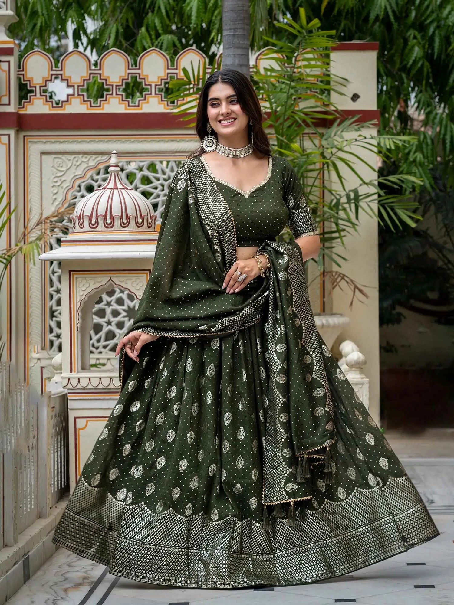 Mehndi Foil Printed Silk Lehenga Choli
