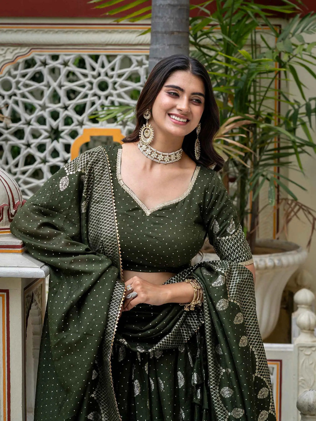 Mehndi Foil Printed Silk Lehenga Choli