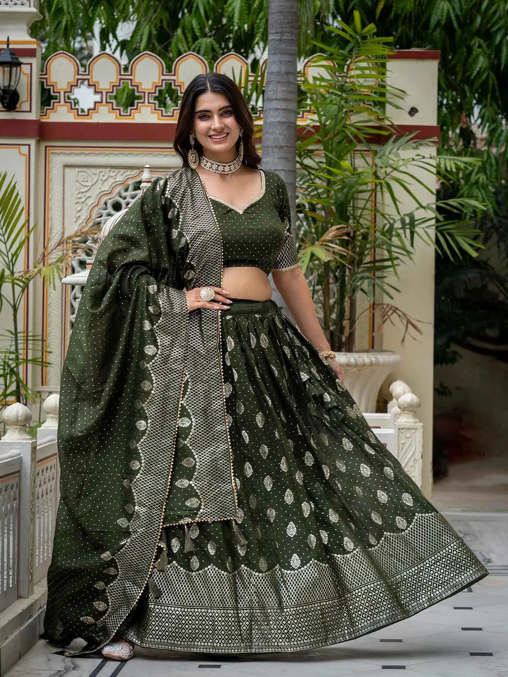 Mehndi Foil Printed Silk Lehenga Choli