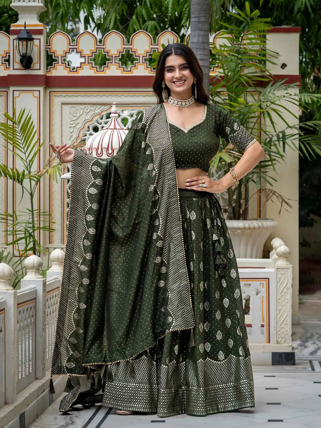 Mehndi Foil Printed Silk Lehenga Choli