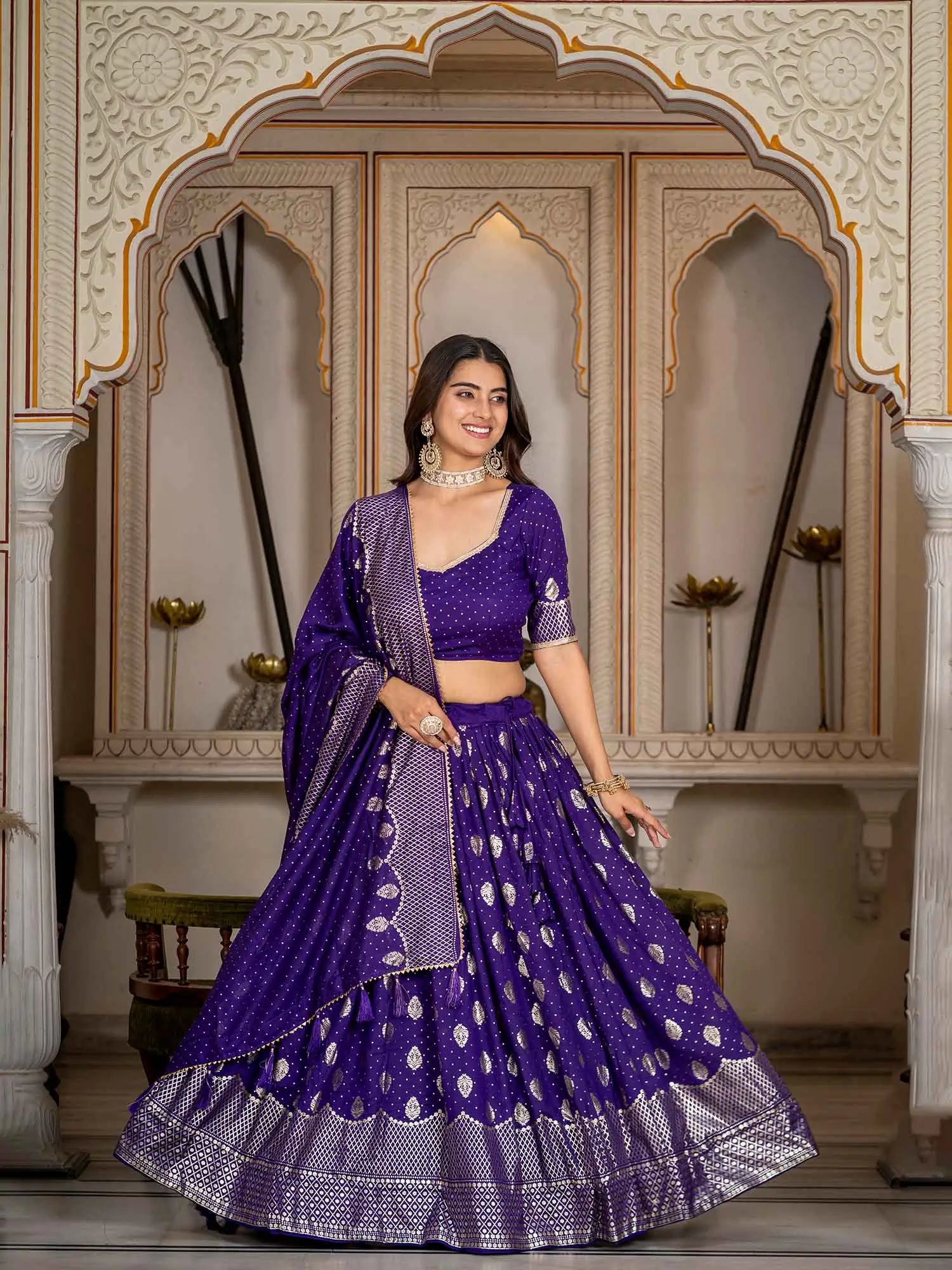 Purple Foil Printed Silk Lehenga Choli