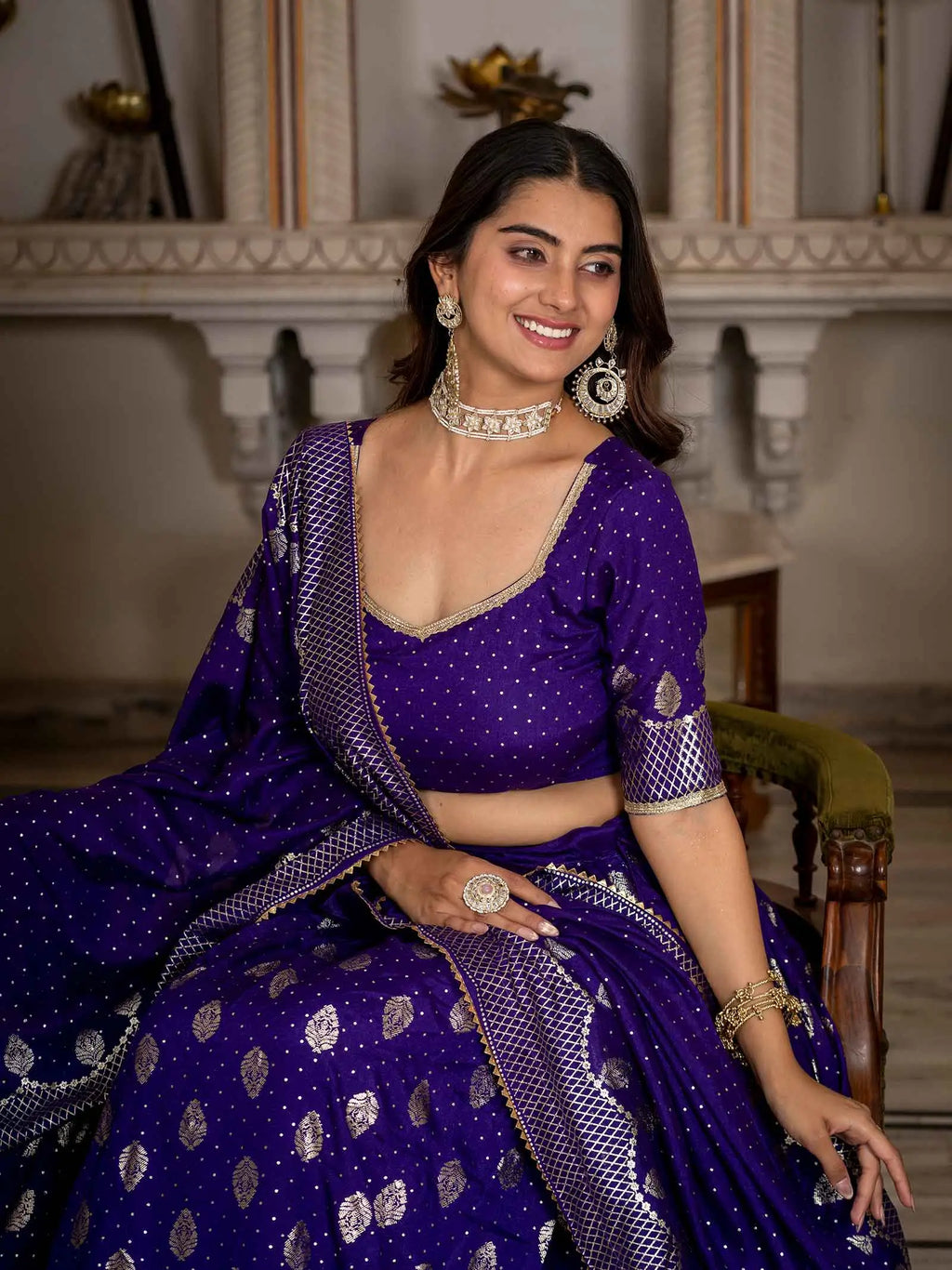 Purple Foil Printed Silk Lehenga Choli