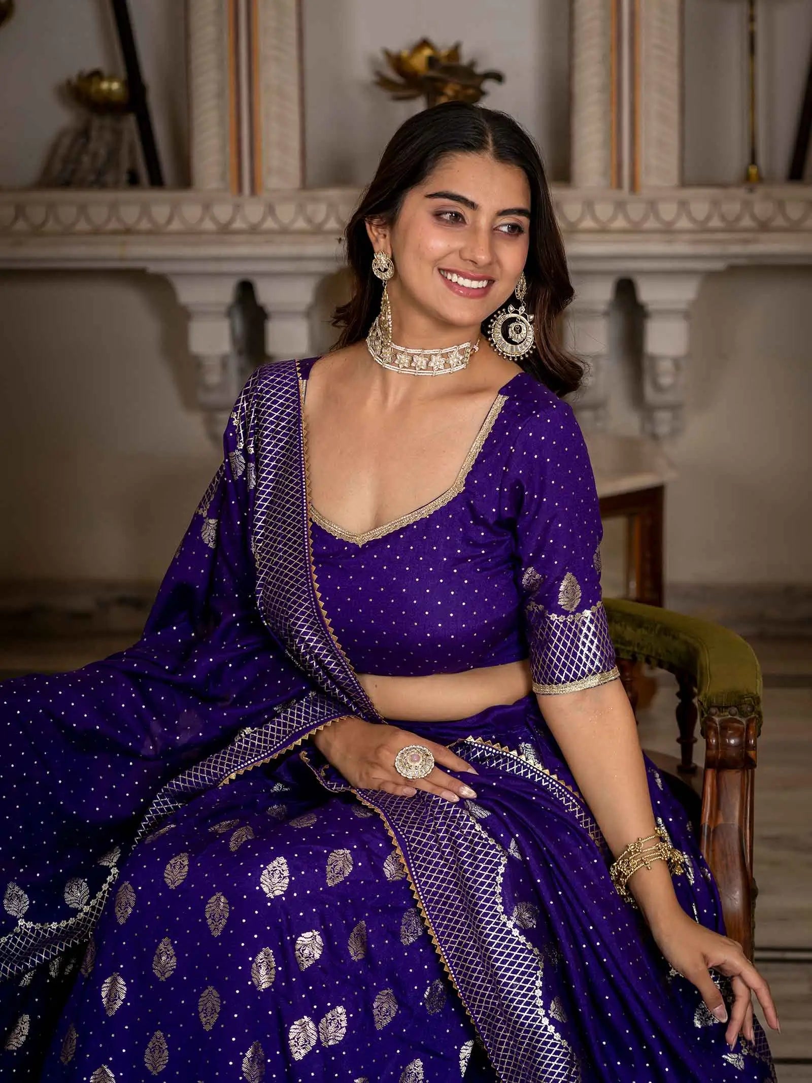Purple Foil Printed Silk Lehenga Choli