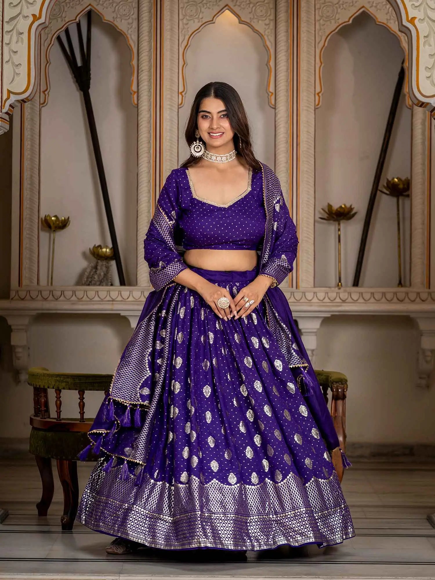 Purple Foil Printed Silk Lehenga Choli