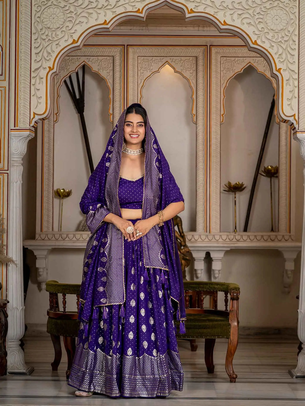 Purple Foil Printed Silk Lehenga Choli