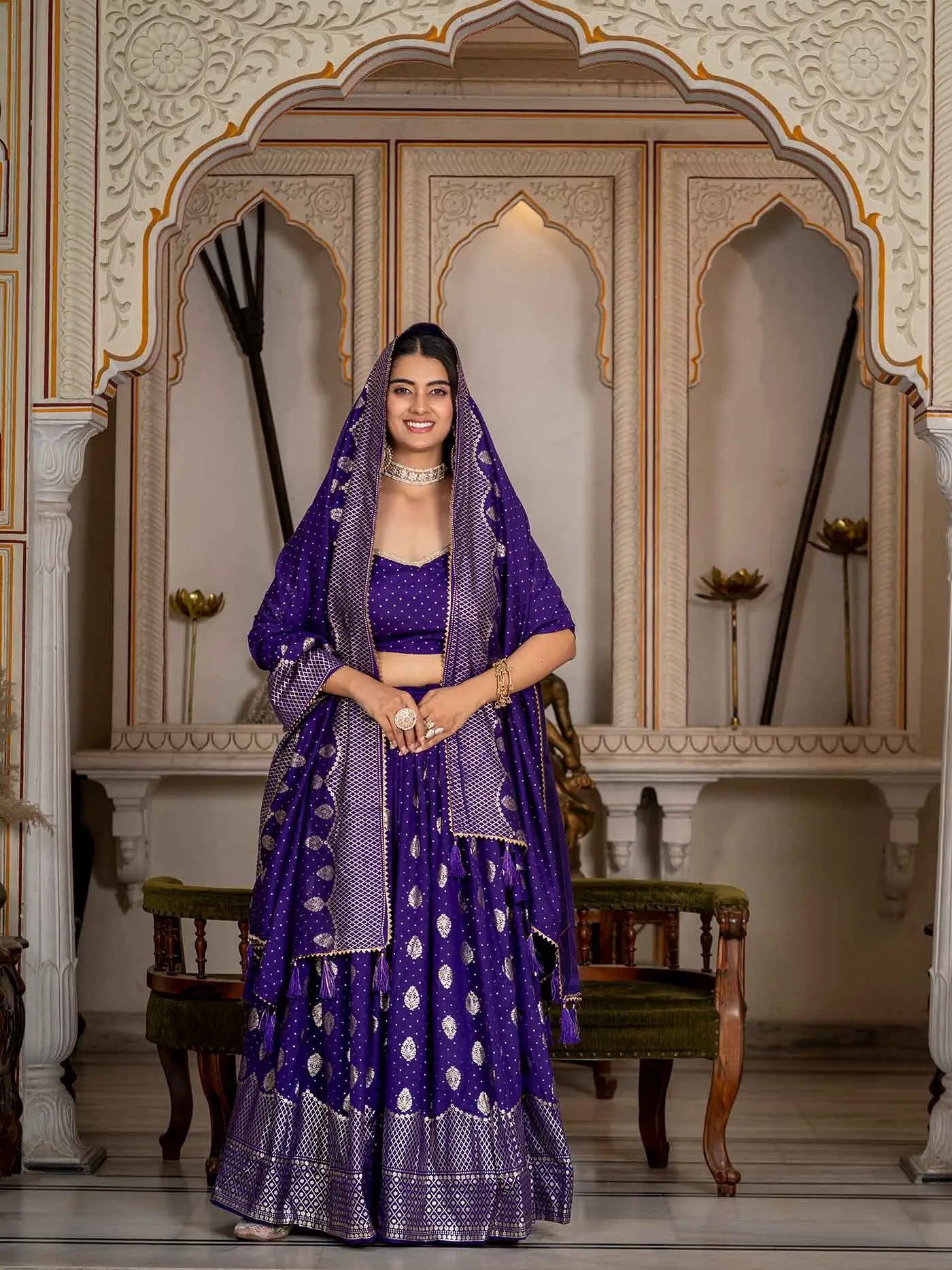 Purple Foil Printed Silk Lehenga Choli