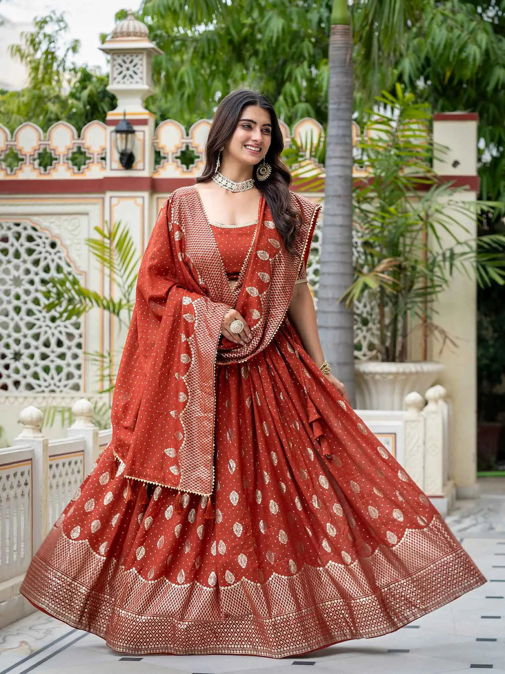 Rust Foil Printed Silk Lehenga Choli