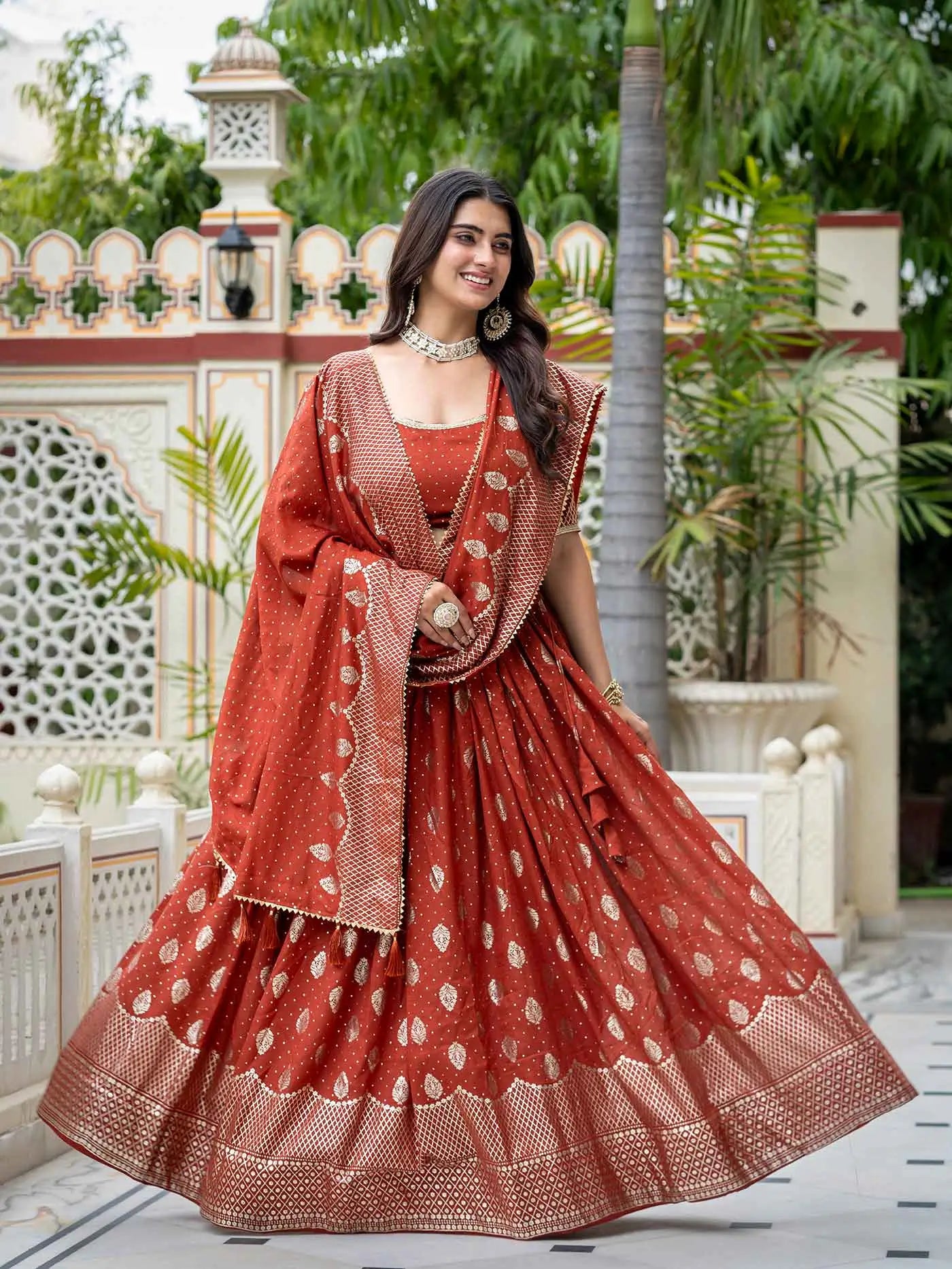 Rust Foil Printed Silk Lehenga Choli