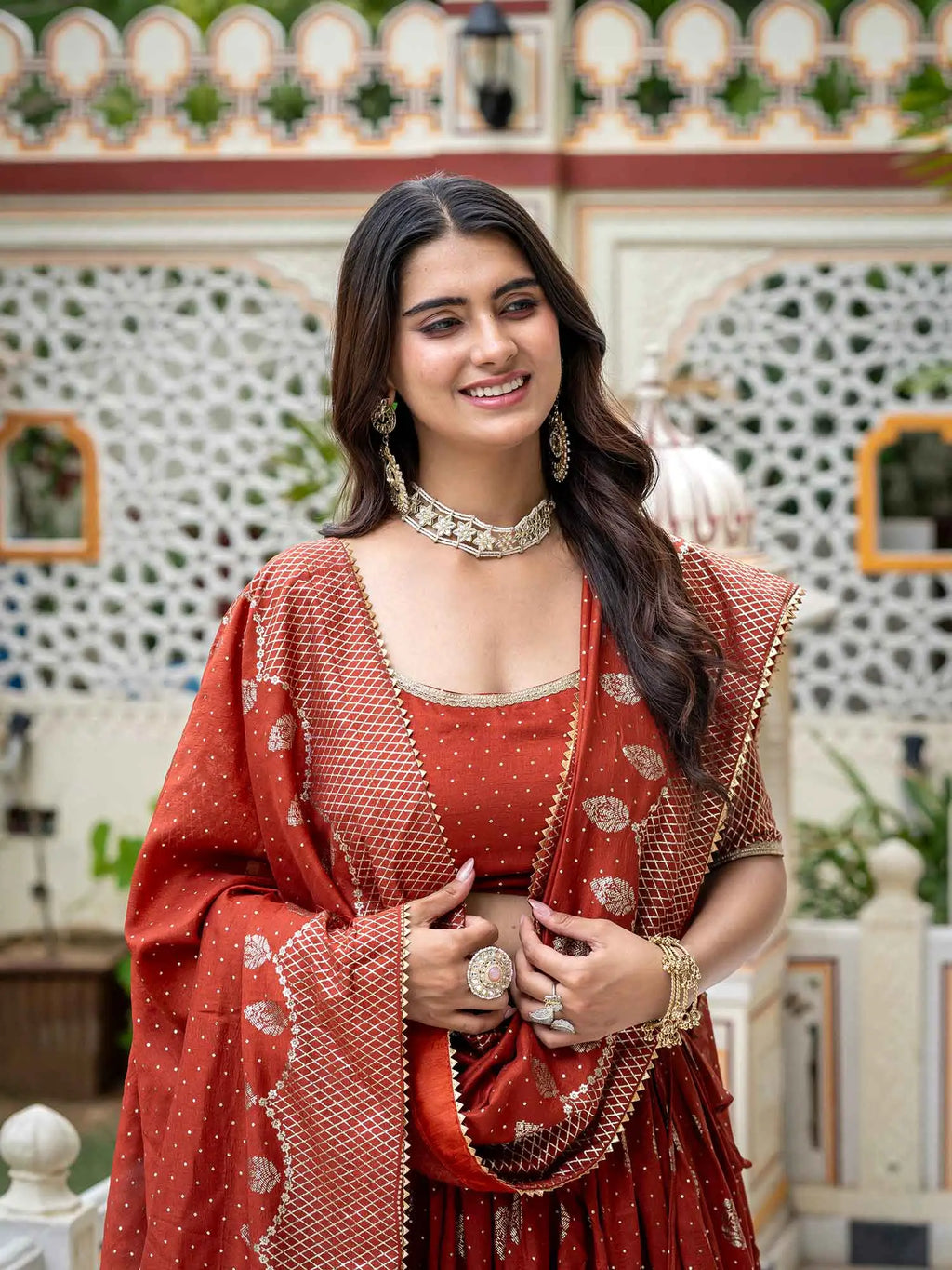 Rust Foil Printed Silk Lehenga Choli